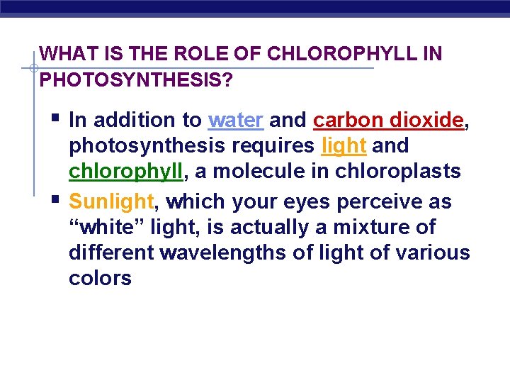 WHAT IS THE ROLE OF CHLOROPHYLL IN PHOTOSYNTHESIS? § In addition to water and