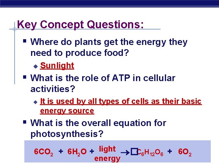 Key Concept Questions: § Where do plants get the energy they need to produce