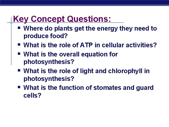 Key Concept Questions: § Where do plants get the energy they need to §