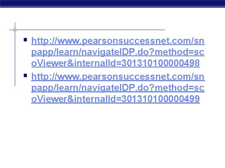 § http: //www. pearsonsuccessnet. com/sn § papp/learn/navigate. IDP. do? method=sc o. Viewer&internal. Id=301310100000498 http: