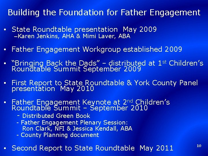 Building the Foundation for Father Engagement • State Roundtable presentation May 2009 –Karen Jenkins,