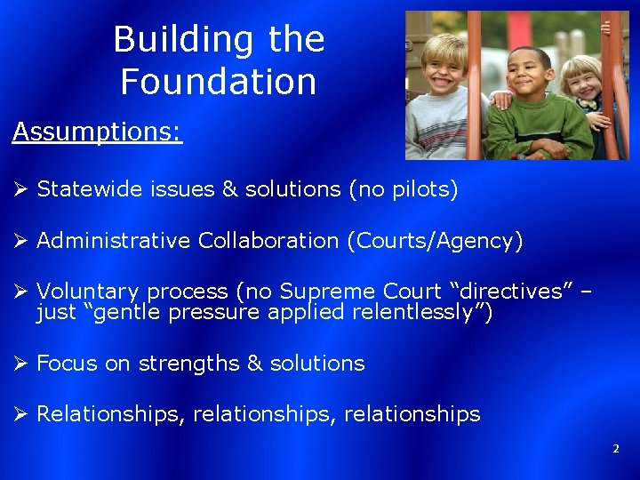 Building the Foundation Assumptions: Ø Statewide issues & solutions (no pilots) Ø Administrative Collaboration