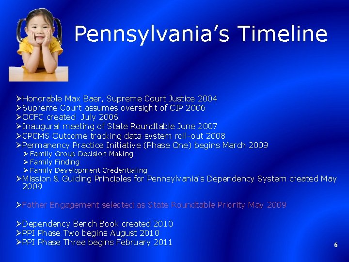 Pennsylvania’s Timeline Ø Honorable Max Baer, Supreme Court Justice 2004 Ø Supreme Court assumes