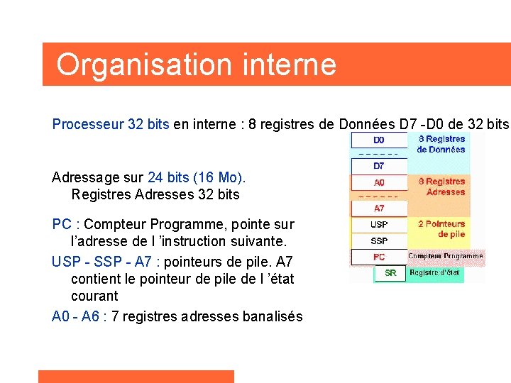 Organisation interne Processeur 32 bits en interne : 8 registres de Données D 7