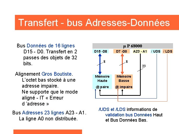 Transfert - bus Adresses-Données Bus Données de 16 lignes D 15 - D 0.