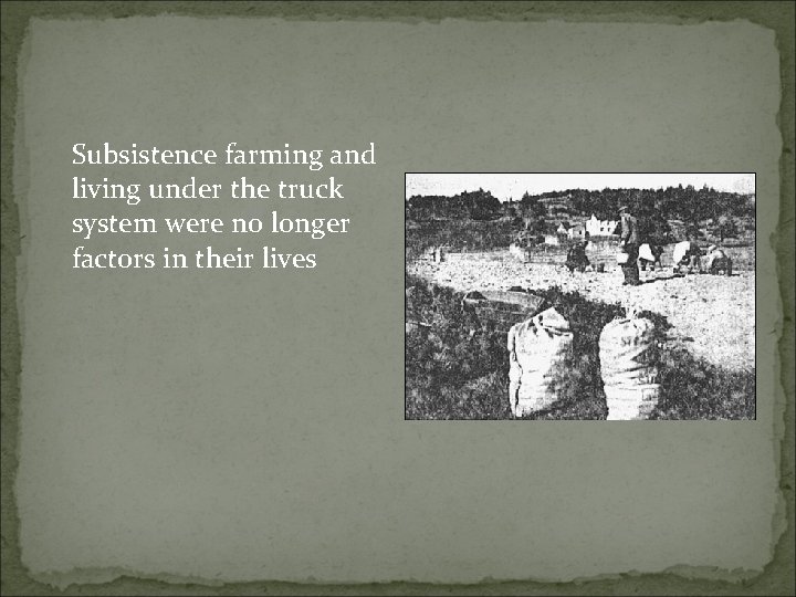 Subsistence farming and living under the truck system were no longer factors in their