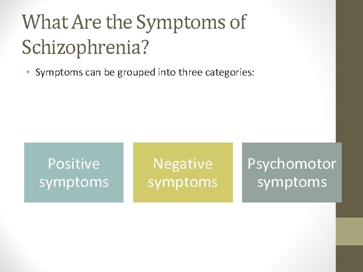What Are the Symptoms of Schizophrenia? • Symptoms can be grouped into three categories: