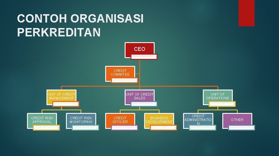 CONTOH ORGANISASI PERKREDITAN CEO CREDIT COMMITEE UNIT OF CREDIT MANAGEMENT CREDIT RISK APPROVAL CREDIT