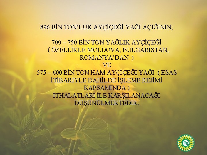 896 BİN TON’LUK AYÇİÇEĞİ YAĞI AÇIĞININ; 700 – 750 BİN TON YAĞLIK AYÇİÇEĞİ (