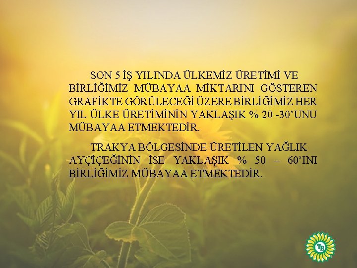 SON 5 İŞ YILINDA ÜLKEMİZ ÜRETİMİ VE BİRLİĞİMİZ MÜBAYAA MİKTARINI GÖSTEREN GRAFİKTE GÖRÜLECEĞİ ÜZERE