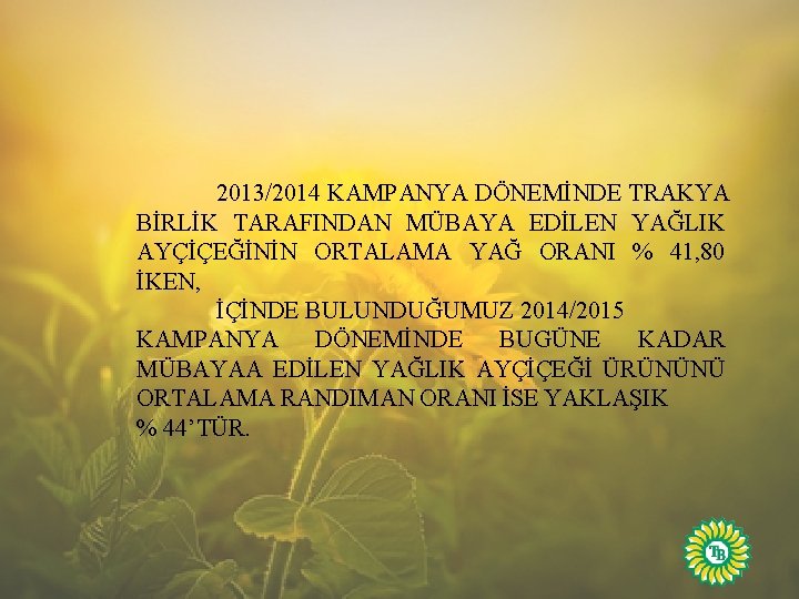 2013/2014 KAMPANYA DÖNEMİNDE TRAKYA BİRLİK TARAFINDAN MÜBAYA EDİLEN YAĞLIK AYÇİÇEĞİNİN ORTALAMA YAĞ ORANI %