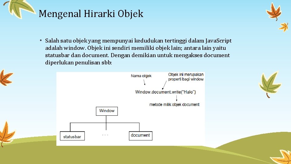 Mengenal Hirarki Objek • Salah satu objek yang mempunyai kedudukan tertinggi dalam Java. Script