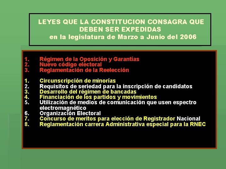 LEYES QUE LA CONSTITUCION CONSAGRA QUE DEBEN SER EXPEDIDAS en la legislatura de Marzo