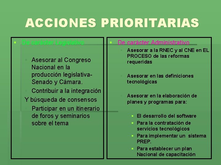 ACCIONES PRIORITARIAS § De carácter Legislativo § Asesorar al Congreso Nacional en la producción