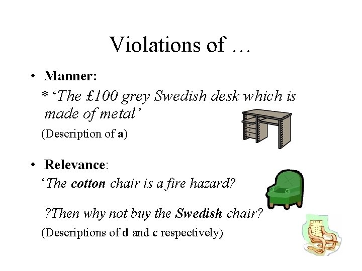 Violations of … • Manner: * ‘The £ 100 grey Swedish desk which is