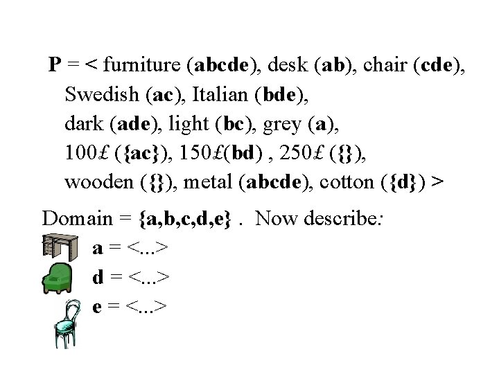 P = < furniture (abcde), desk (ab), chair (cde), Swedish (ac), Italian (bde), dark