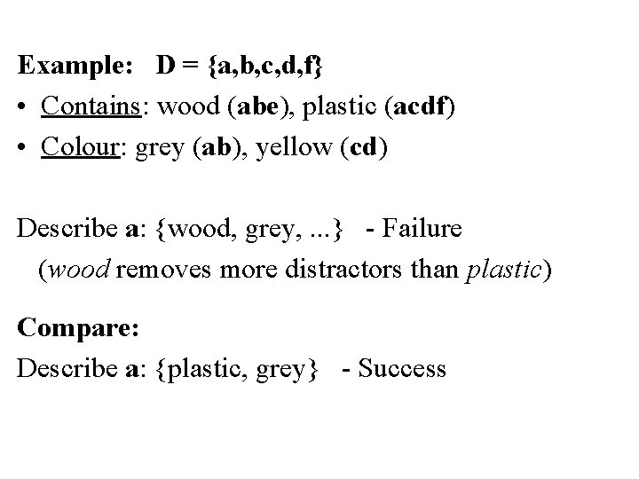 Example: D = {a, b, c, d, f} • Contains: wood (abe), plastic (acdf)