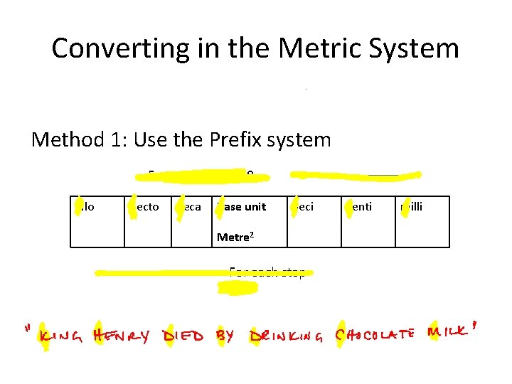 Converting in the Metric System Method 1: Use the Prefix system For each step