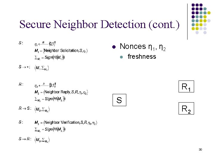 Secure Neighbor Detection (cont. ) l Nonces η 1, η 2 l freshness <M