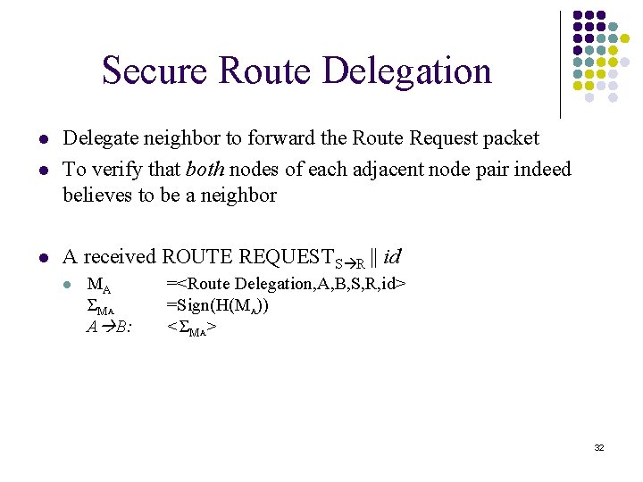 Secure Route Delegation l Delegate neighbor to forward the Route Request packet To verify