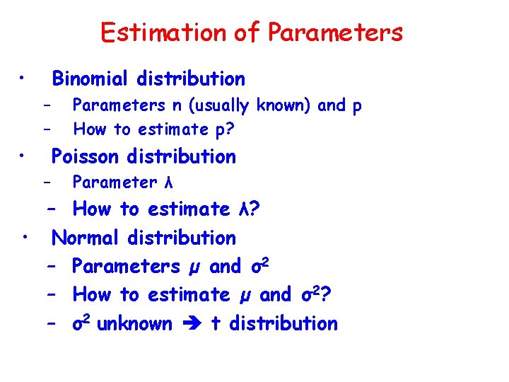 Estimation of Parameters • Binomial distribution – – • Parameters n (usually known) and