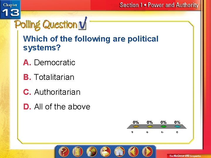 Which of the following are political systems? A. Democratic B. Totalitarian C. Authoritarian D.