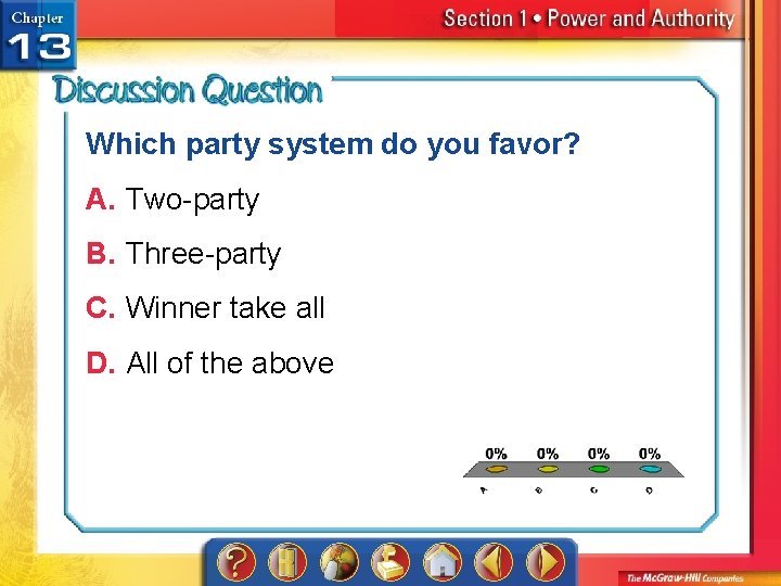 Which party system do you favor? A. Two-party B. Three-party C. Winner take all