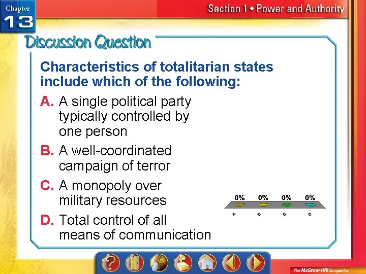 Characteristics of totalitarian states include which of the following: A. A single political party