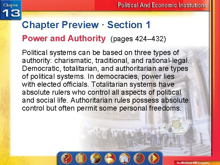 Chapter Preview · Section 1 Power and Authority (pages 424– 432) Political systems can
