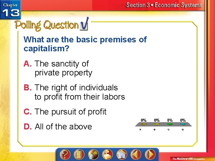 What are the basic premises of capitalism? A. The sanctity of private property B.