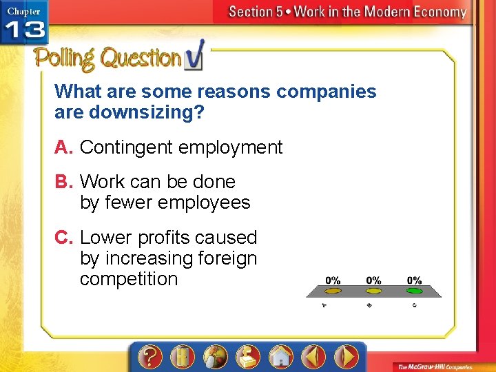 What are some reasons companies are downsizing? A. Contingent employment B. Work can be