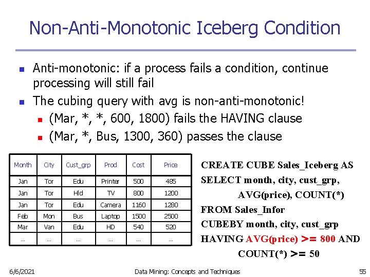 Non-Anti-Monotonic Iceberg Condition n n Anti-monotonic: if a process fails a condition, continue processing