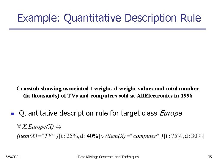 Example: Quantitative Description Rule Crosstab showing associated t-weight, d-weight values and total number (in