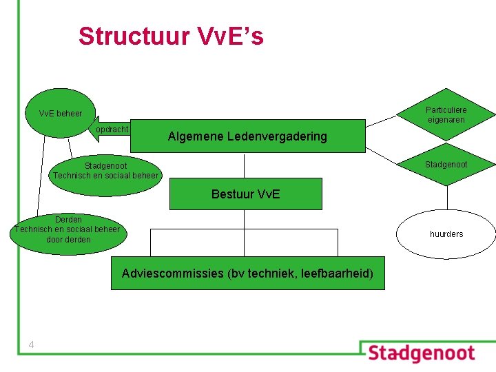 Structuur Vv. E’s Particuliere eigenaren Vv. E beheer opdracht Algemene Ledenvergadering Stadgenoot Technisch en