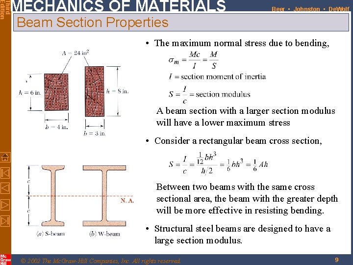 Third Edition MECHANICS OF MATERIALS Beer • Johnston • De. Wolf Beam Section Properties