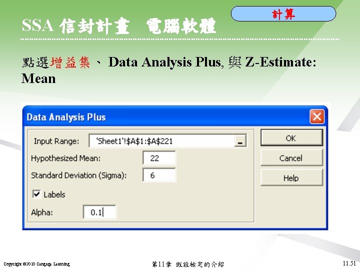 SSA 信封計畫 電腦軟體 計算 點選增益集、 Data Analysis Plus, 與 Z-Estimate: Mean Copyright © 2010