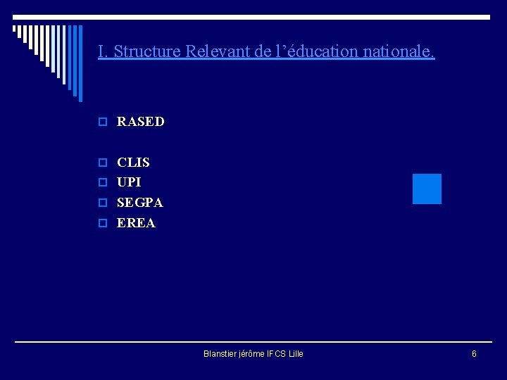 I. Structure Relevant de l’éducation nationale. o RASED o CLIS o UPI o SEGPA