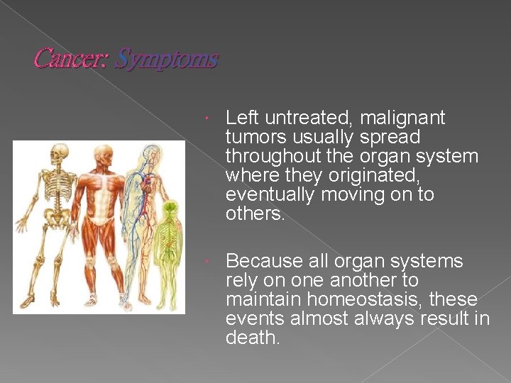 Cancer: Symptoms Left untreated, malignant tumors usually spread throughout the organ system where they