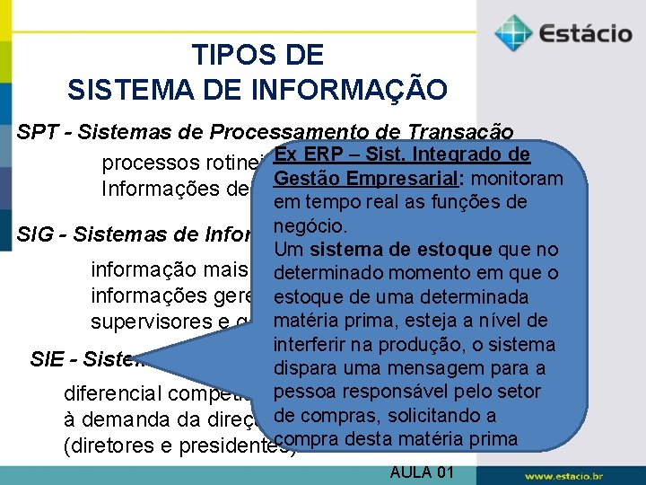 TIPOS DE SISTEMA DE INFORMAÇÃO SPT - Sistemas de Processamento de Transação Ex -ERP