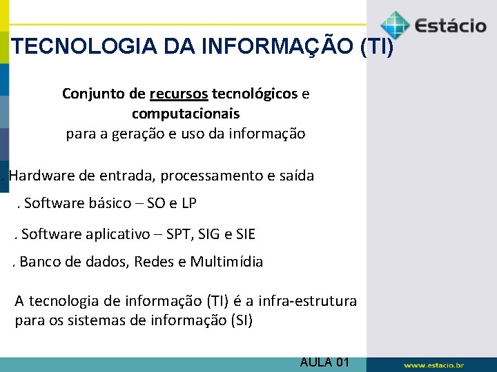 TECNOLOGIA DA INFORMAÇÃO (TI) Conjunto de recursos tecnológicos e computacionais para a geração e