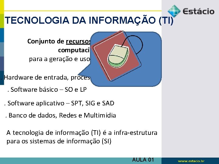 TECNOLOGIA DA INFORMAÇÃO (TI) Conjunto de recursos tecnológicos e computacionais para a geração e