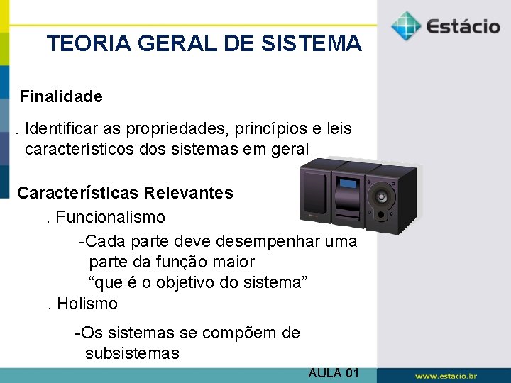 TEORIA GERAL DE SISTEMA Finalidade. Identificar as propriedades, princípios e leis característicos dos sistemas