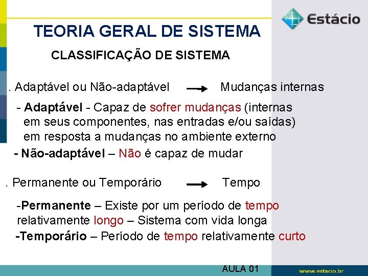 TEORIA GERAL DE SISTEMA CLASSIFICAÇÃO DE SISTEMA. Adaptável ou Não-adaptável Mudanças internas - Adaptável