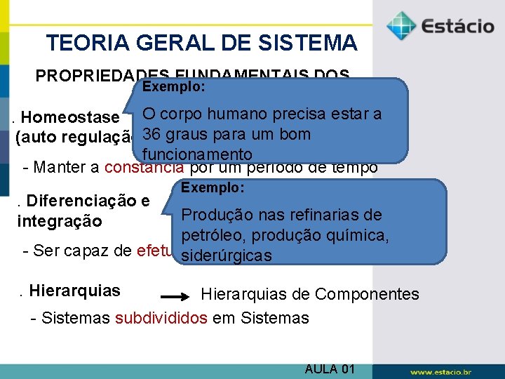 TEORIA GERAL DE SISTEMA PROPRIEDADES FUNDAMENTAIS DOS Exemplo: SISTEMAS humano precisa estar a. Homeostase