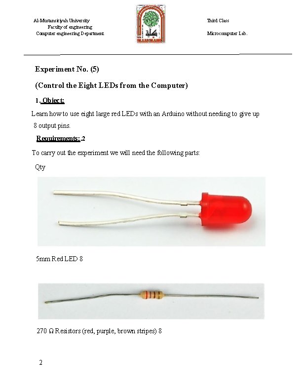 Al-Mustansiriyah University Faculty of engineering Computer engineering Department Third Class Microcomputer Lab. Experiment No.