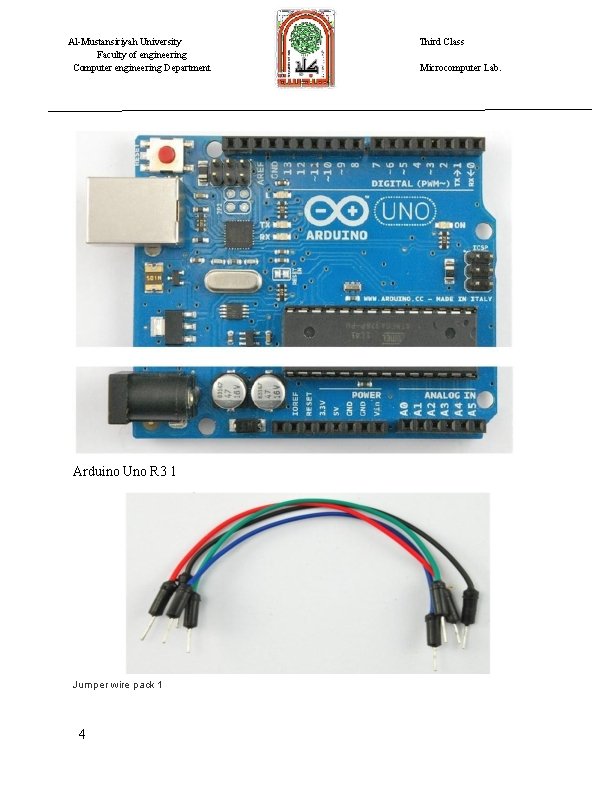 Al-Mustansiriyah University Faculty of engineering Computer engineering Department Arduino Uno R 3 1 Jumper