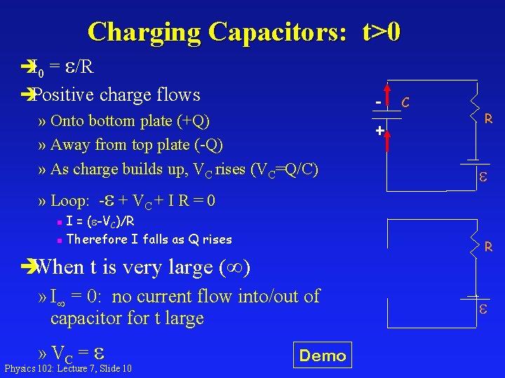 Charging Capacitors: t>0 èI 0 = /R èPositive charge flows » Onto bottom plate