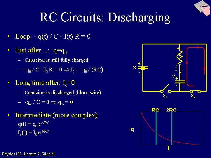 RC Circuits: Discharging • Loop: - q(t) / C - I(t) R = 0