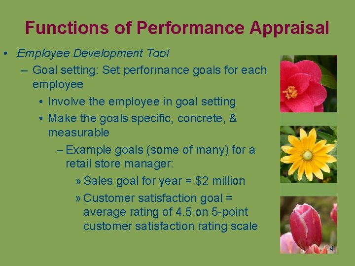 Functions of Performance Appraisal • Employee Development Tool – Goal setting: Set performance goals