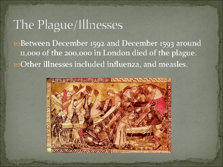 The Plague/Illnesses Between December 1592 and December 1593 around 11, 000 of the 200,